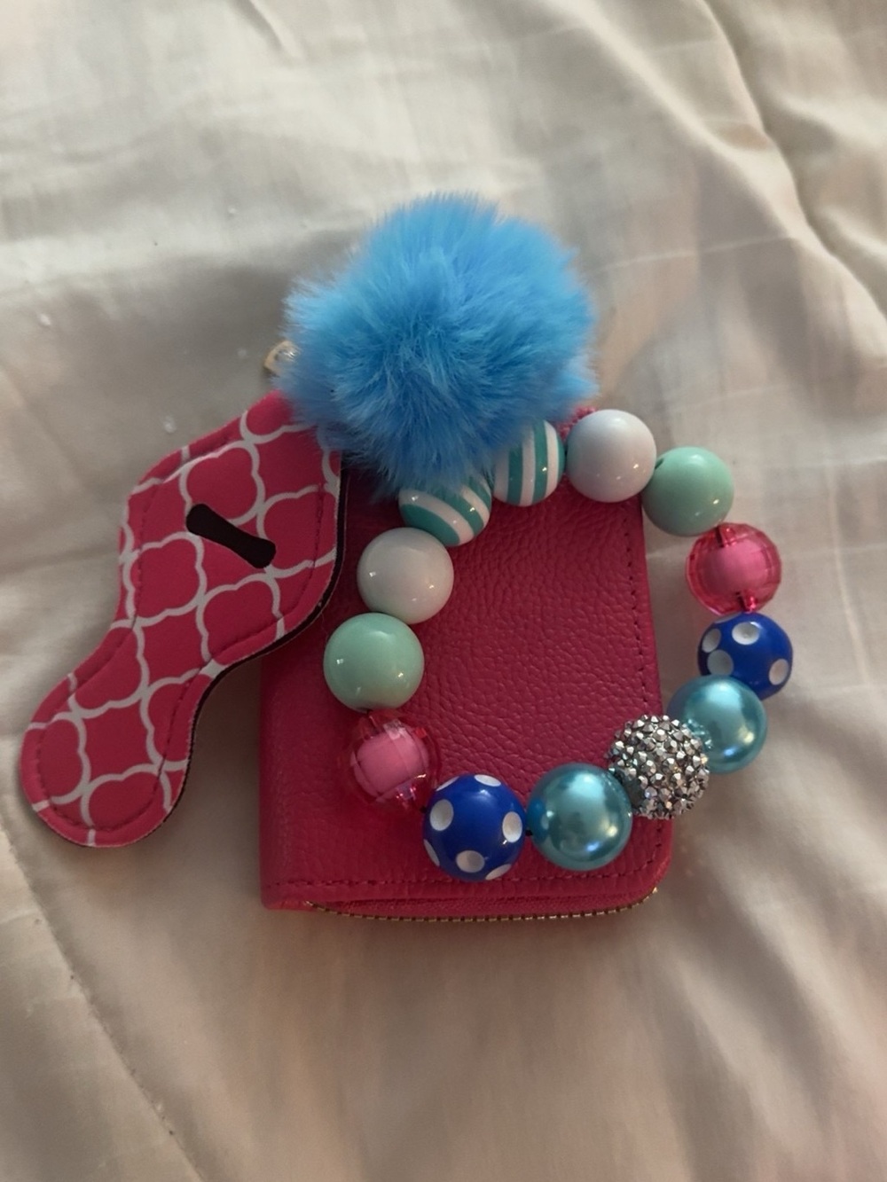 Kids Beaded Pom-Pom Bracelet Wristlet - Bright Pink & Blue